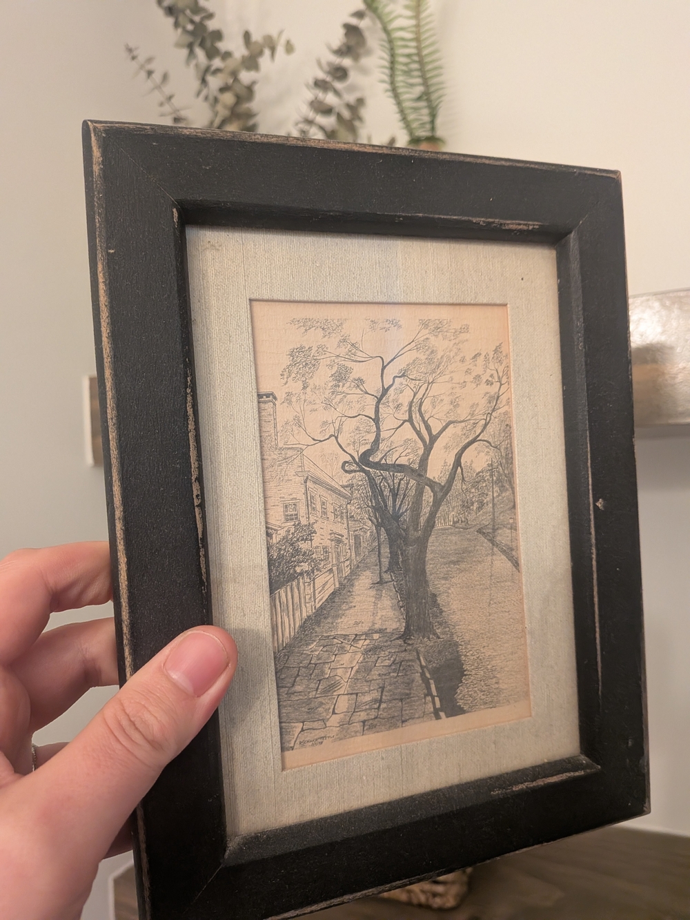 Vintage Sketch of Tree Lined Street Black Distressed Wood Picture Frame